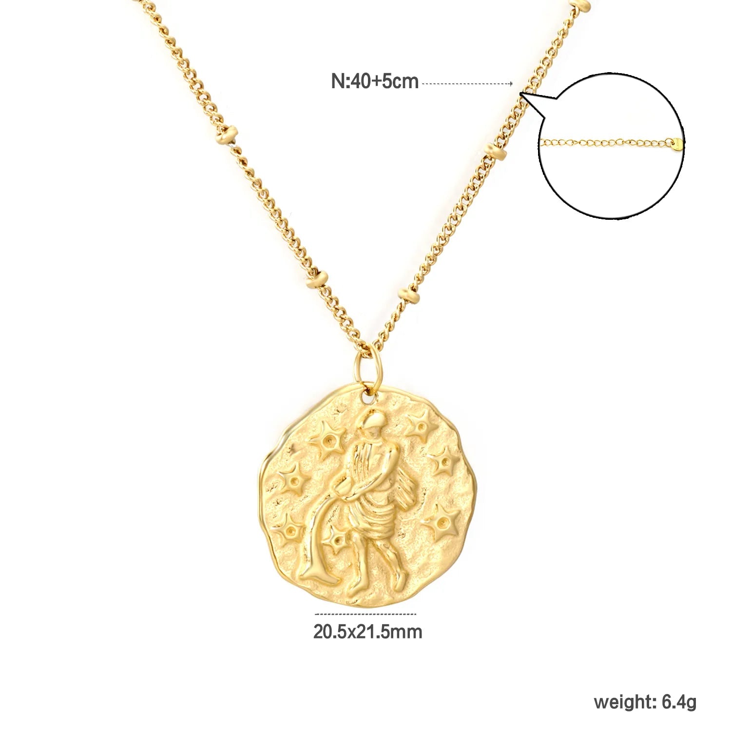 20.5*21.5mm constellation pendant with 0.4 side-mounted gemstone chain, 40+5cm+6mm round tail tag, necklace, gold color asonjewelry